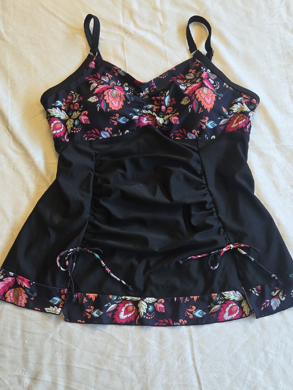 Black Floral Trim Tankini Top
